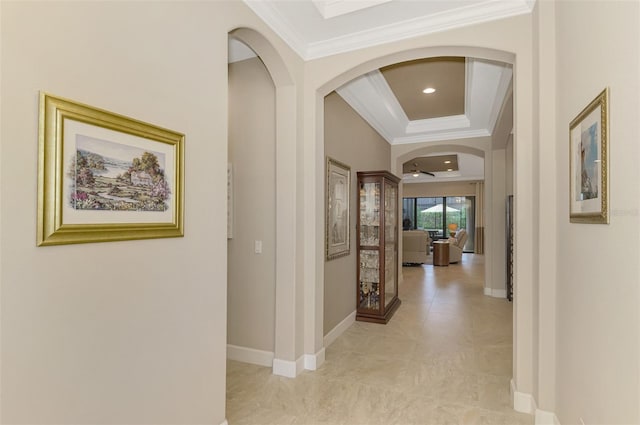 hallway featuring ornamental molding