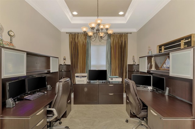 office featuring a chandelier, a tray ceiling, and ornamental molding