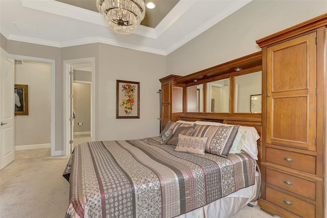 carpeted bedroom featuring a notable chandelier and crown molding