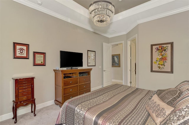 bedroom with an inviting chandelier, light carpet, and crown molding