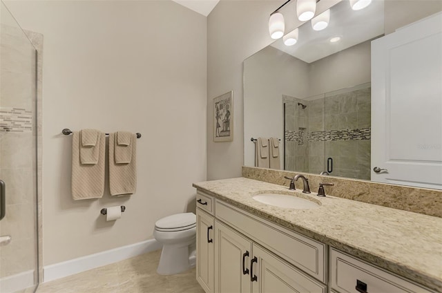 bathroom with tile patterned floors, vanity, toilet, and an enclosed shower