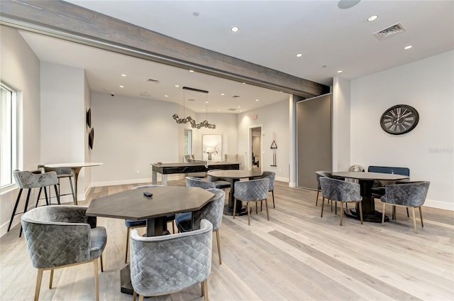 dining room featuring beam ceiling, light wood-type flooring, baseboards, and recessed lighting