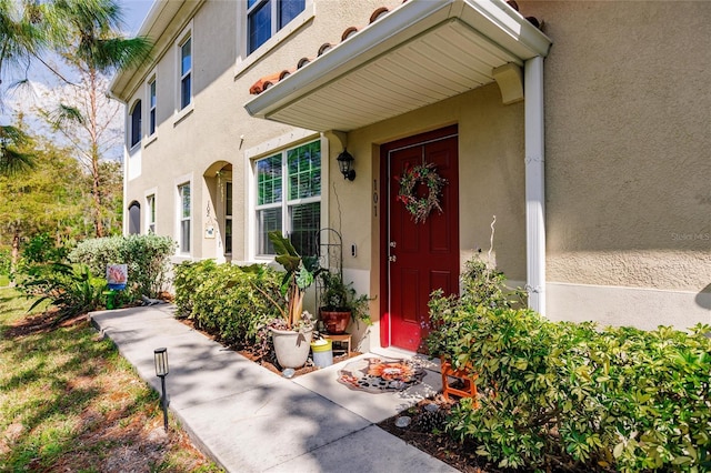 view of exterior entry featuring stucco siding