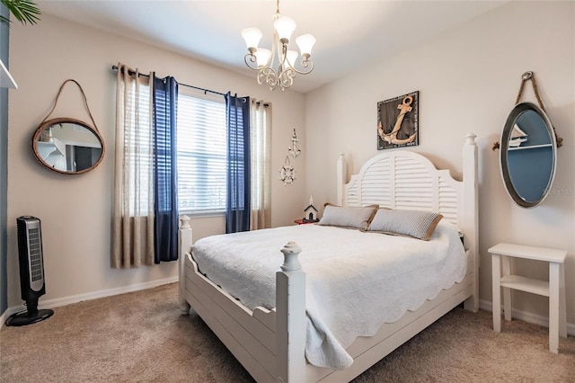 bedroom featuring baseboards, a chandelier, and light colored carpet