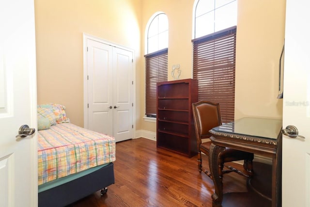 bedroom featuring dark wood-type flooring and a closet