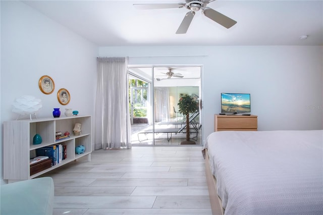 bedroom featuring light wood-type flooring, access to outside, and ceiling fan