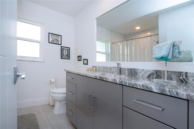 bathroom featuring a shower with shower curtain, vanity, toilet, and a wealth of natural light