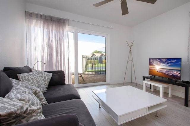 living room featuring ceiling fan and light hardwood / wood-style flooring