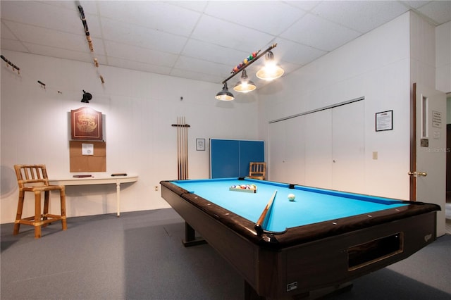 recreation room with a drop ceiling and pool table