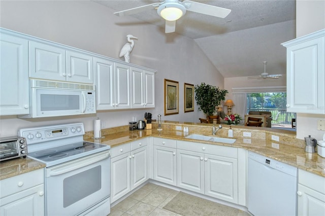 kitchen with white cabinets, kitchen peninsula, sink, and white appliances