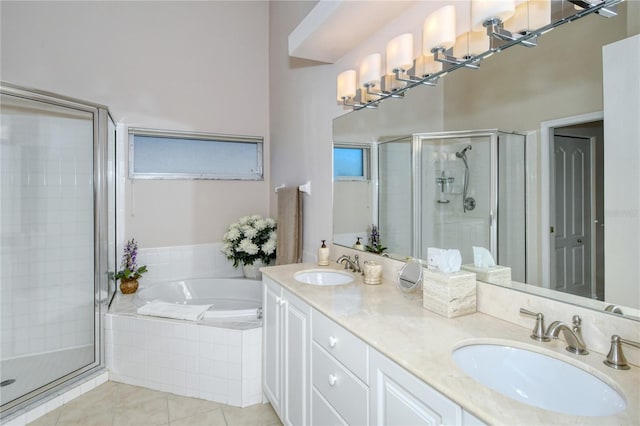 bathroom featuring vanity, tile patterned floors, and independent shower and bath