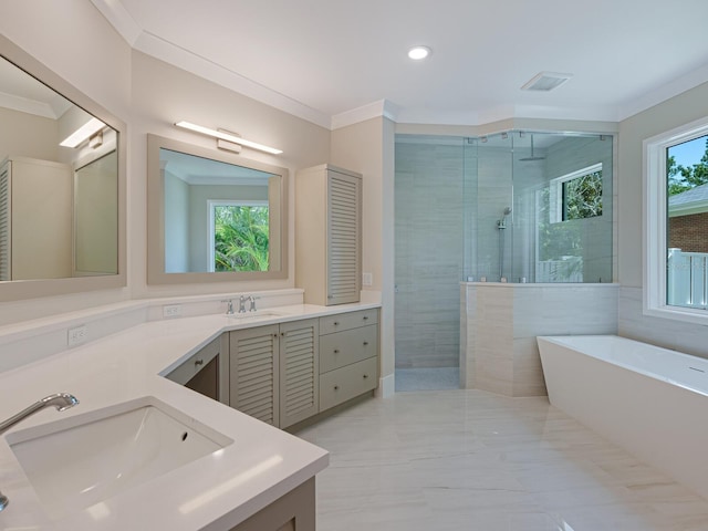 bathroom featuring a healthy amount of sunlight, ornamental molding, and plus walk in shower