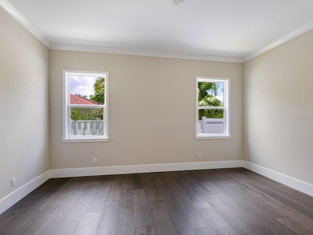 empty room featuring crown molding, plenty of natural light, and dark wood-type flooring