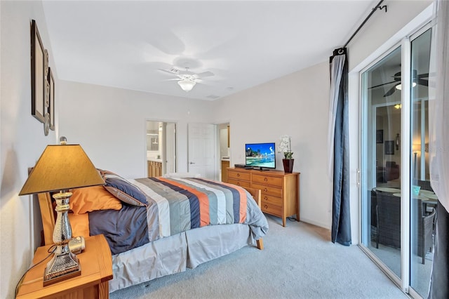 carpeted bedroom featuring access to outside and ceiling fan