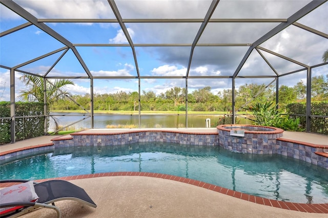 view of swimming pool featuring an in ground hot tub, a water view, and a lanai