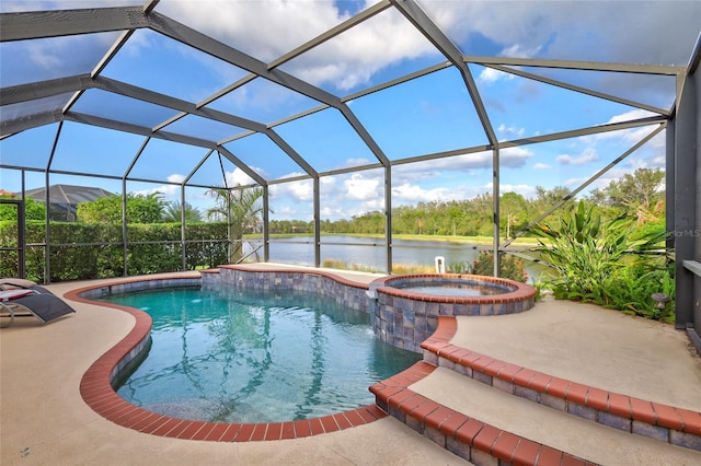 view of pool with glass enclosure, a water view, an in ground hot tub, and a patio area