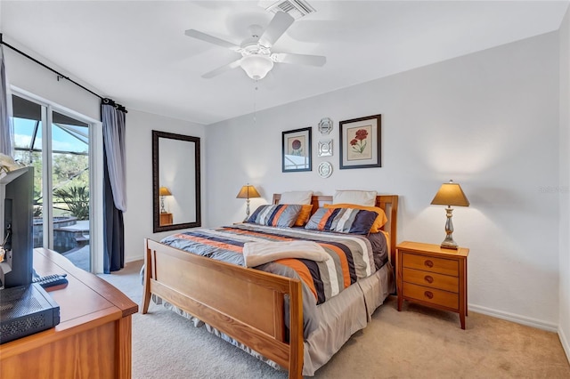 bedroom with ceiling fan, access to exterior, and light carpet