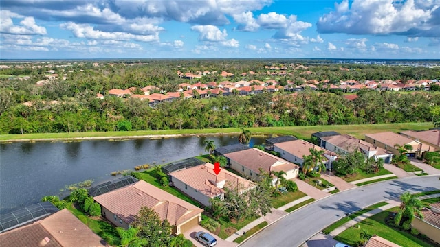 drone / aerial view featuring a water view