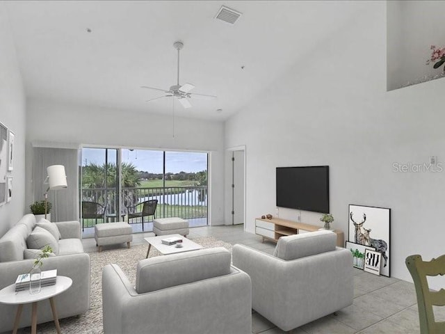 tiled living room with ceiling fan and high vaulted ceiling