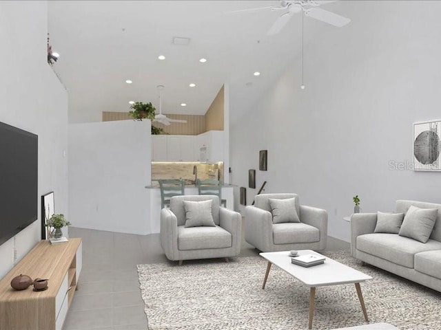 living room featuring ceiling fan and high vaulted ceiling