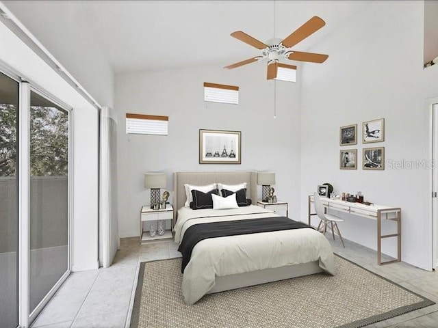 bedroom featuring high vaulted ceiling, ceiling fan, light tile patterned flooring, and access to outside