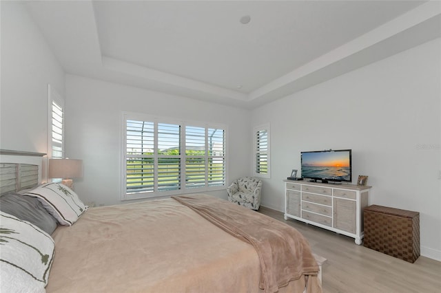 bedroom featuring hardwood / wood-style flooring and a tray ceiling