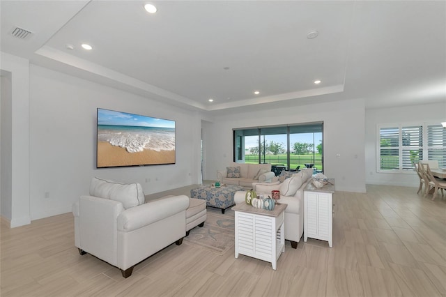 living room with a raised ceiling