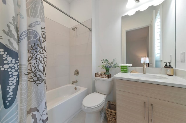 full bathroom with shower / bathtub combination with curtain, vanity, and toilet