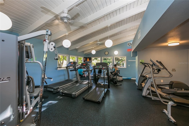 exercise room featuring lofted ceiling and ceiling fan