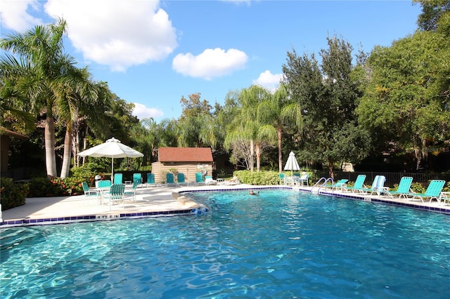 view of swimming pool featuring a patio area