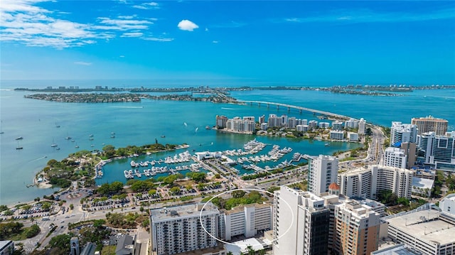 drone / aerial view with a water view