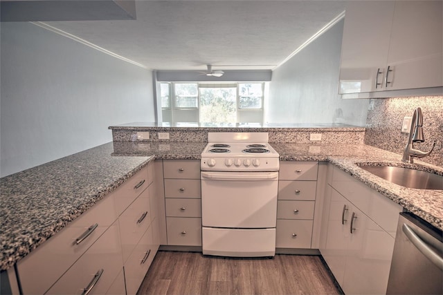 kitchen featuring white electric range oven, a sink, dishwasher, wood finished floors, and a peninsula