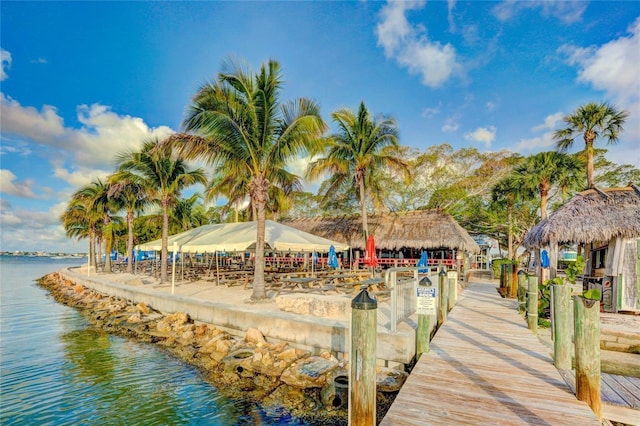 dock area featuring a gazebo and a water view