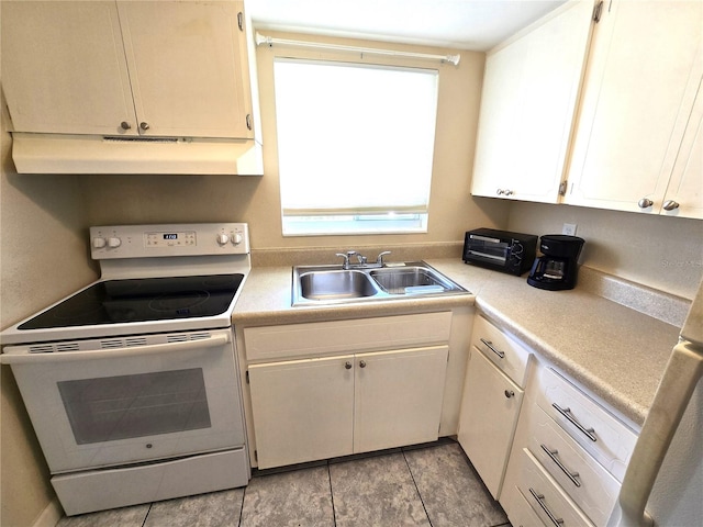 kitchen with white cabinetry, sink, white electric stove, and light tile patterned floors