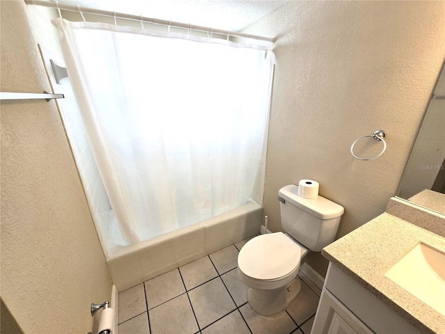 full bathroom with vanity, tile patterned floors, toilet, and shower / bathtub combination with curtain