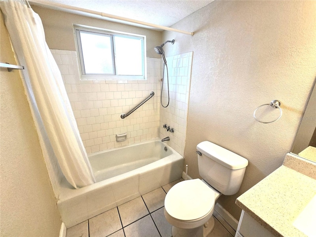 full bathroom featuring toilet, tile patterned flooring, a textured ceiling, vanity, and shower / bathtub combination with curtain