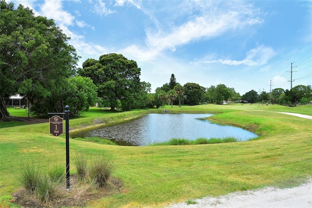 view of home's community with a water view and a lawn