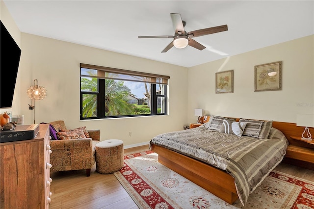 bedroom featuring ceiling fan and light wood-type flooring