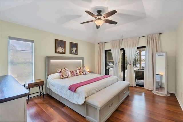 bedroom with dark wood-type flooring and ceiling fan