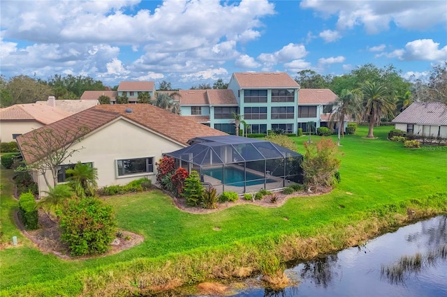 exterior space with a water view