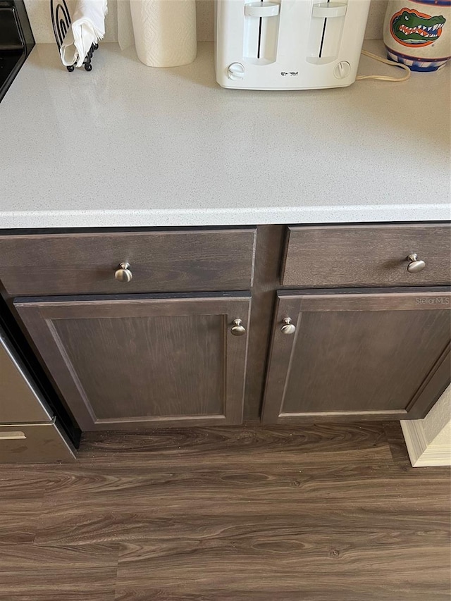 room details with dark hardwood / wood-style flooring and dark brown cabinetry