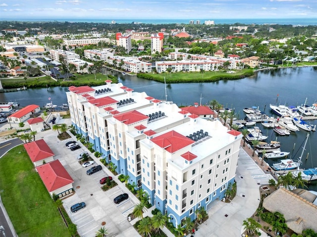 drone / aerial view featuring a water view