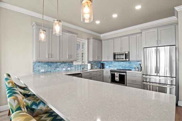 kitchen featuring kitchen peninsula, hanging light fixtures, wood-type flooring, and stainless steel appliances