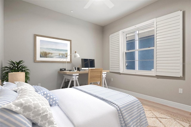 bedroom featuring ceiling fan and light wood-type flooring