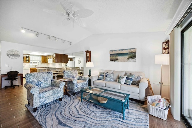 living room featuring ceiling fan, a textured ceiling, wood finished floors, and vaulted ceiling