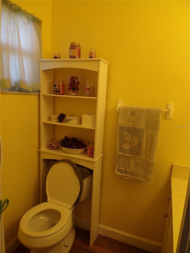 bathroom featuring vanity, wood-type flooring, and toilet