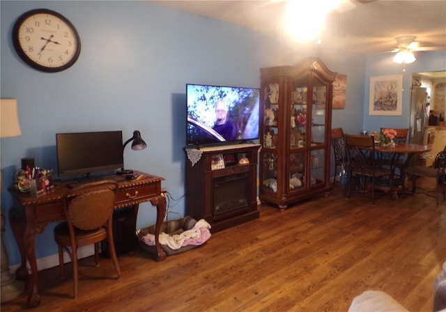 living room with ceiling fan and hardwood / wood-style flooring