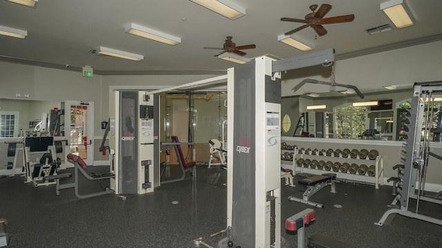 exercise room featuring ceiling fan and crown molding