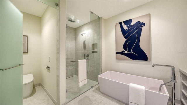 bathroom with tile patterned flooring, toilet, and independent shower and bath