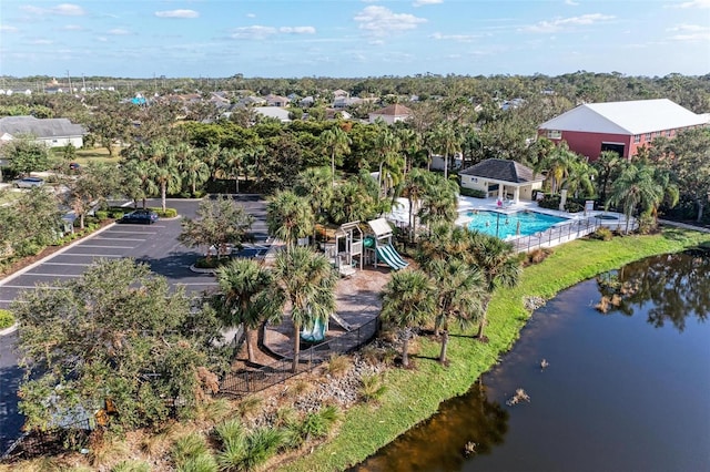 drone / aerial view featuring a water view